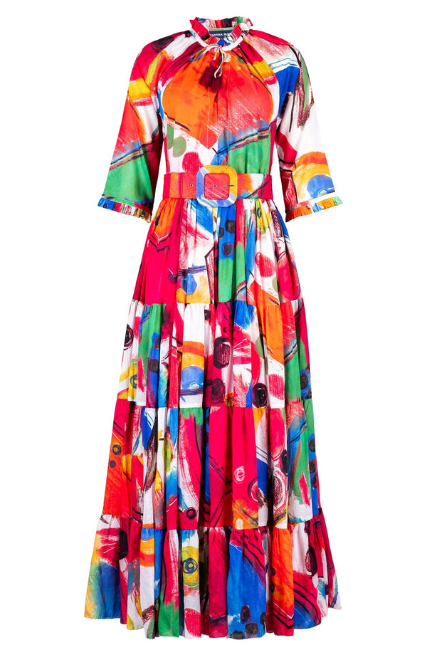 Eva Dress Crew Neck 3/4 Sleeve Maxi Length Cotton Musola (Bastera Painting)