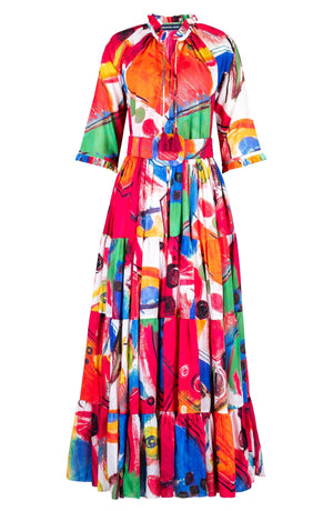 Eva Dress Crew Neck 3/4 Sleeve Maxi Length Cotton Musola (Bastera Painting)
