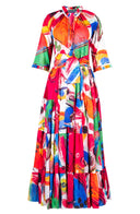 Eva Dress Crew Neck 3/4 Sleeve Maxi Length Cotton Musola (Bastera Painting)