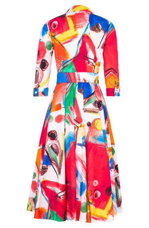 Gigi Dress Shirt Collar 3/4 Sleeve Midi Length Cotton Stretch (Bastera Painting)