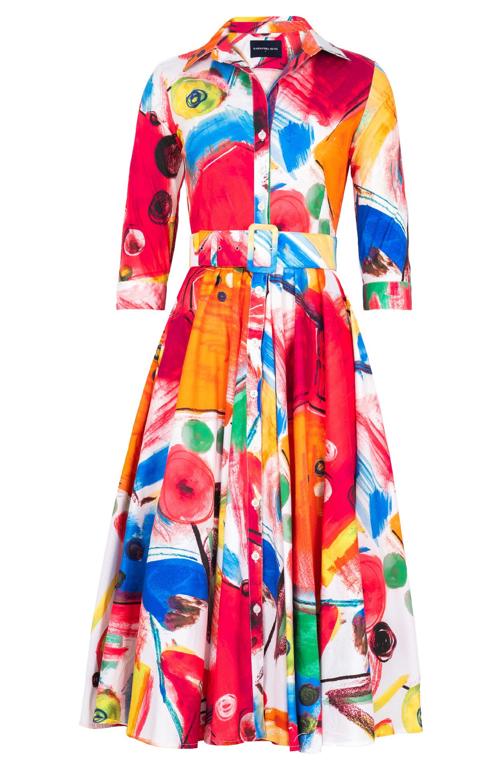 Gigi Dress Shirt Collar 3/4 Sleeve Midi Length Cotton Stretch (Bastera Painting)