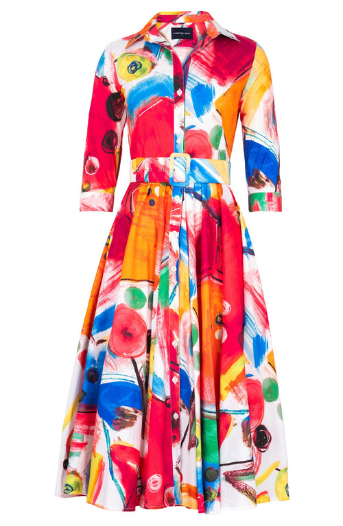 Gigi Dress Shirt Collar 3/4 Sleeve Midi Length Cotton Stretch (Bastera Painting)