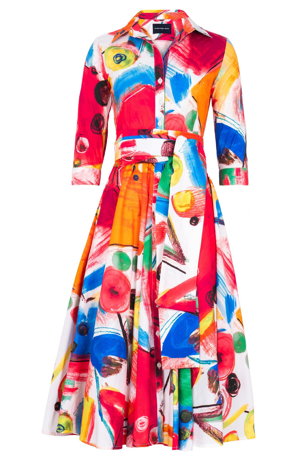 Gigi Dress Shirt Collar 3/4 Sleeve Midi Length Cotton Stretch (Bastera Painting)