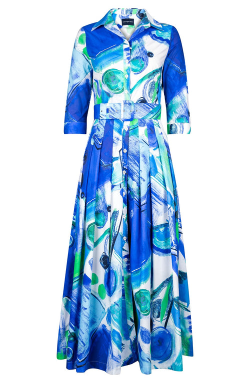 Audrey Dress #2 Shirt Collar 3/4 Sleeve Tea Length Cotton Stretch (Bastera Painting)