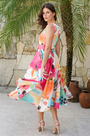 Abelia Dress U Neck Sleeveless Midi Length Silk Taffa (Bastera Painting)
