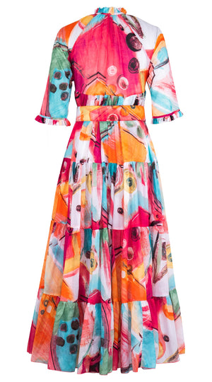 Eden Dress Crew Neck 3/4 Sleeve Maxi Length Cotton Musola (Bastera Painting)