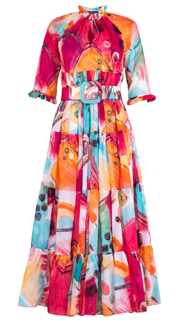 Eden Dress Crew Neck 3/4 Sleeve Maxi Length Cotton Musola (Bastera Painting)