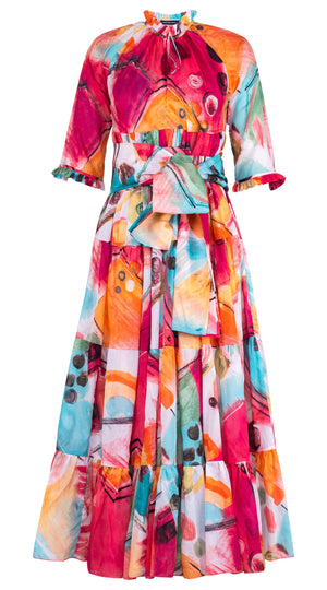 Eden Dress Crew Neck 3/4 Sleeve Maxi Length Cotton Musola (Bastera Painting)