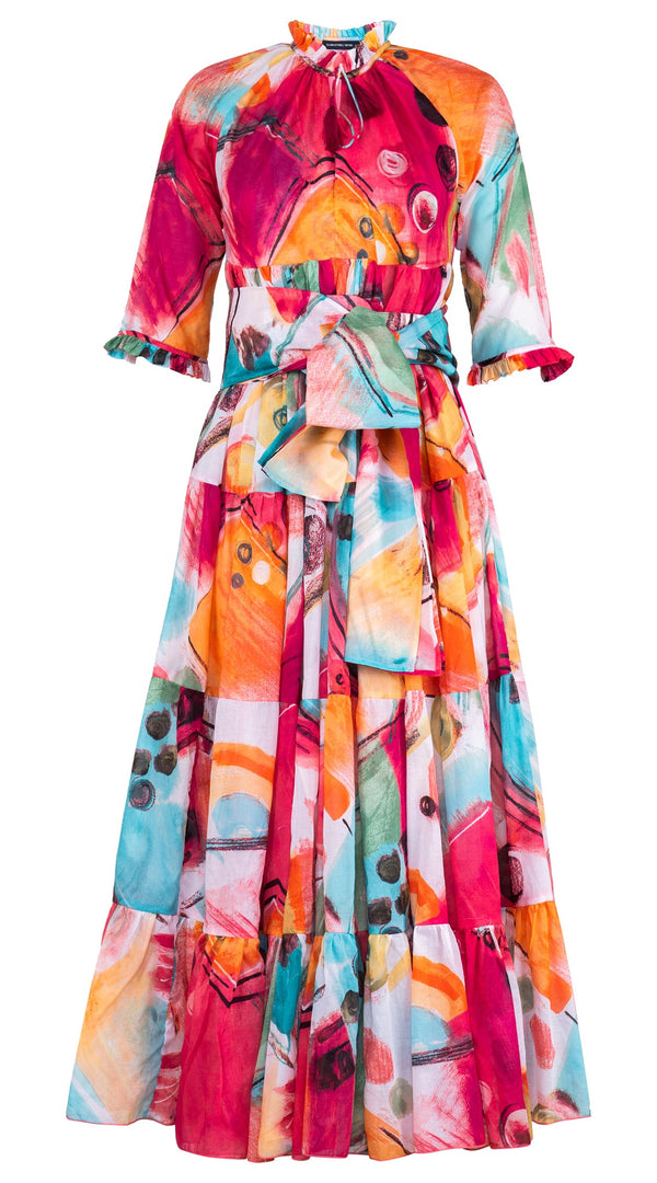 Eden Dress Crew Neck 3/4 Sleeve Maxi Length Cotton Musola (Bastera Painting)