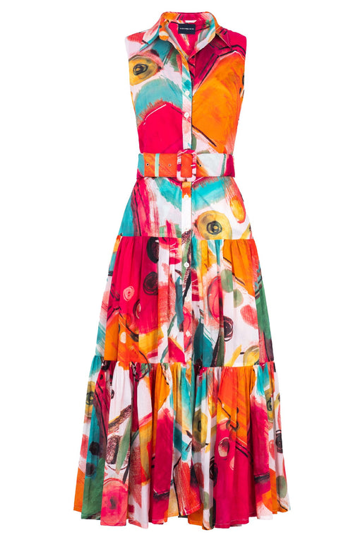 Emma Dress Shirt Collar Sleeveless Midi Plus Length Cotton Musola (Bastera Painting)