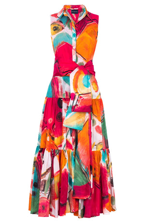 Emma Dress Shirt Collar Sleeveless Midi Plus Length Cotton Musola (Bastera Painting)