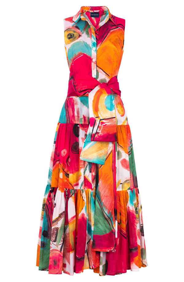 Emma Dress Shirt Collar Sleeveless Midi Plus Length Cotton Musola (Bastera Painting)