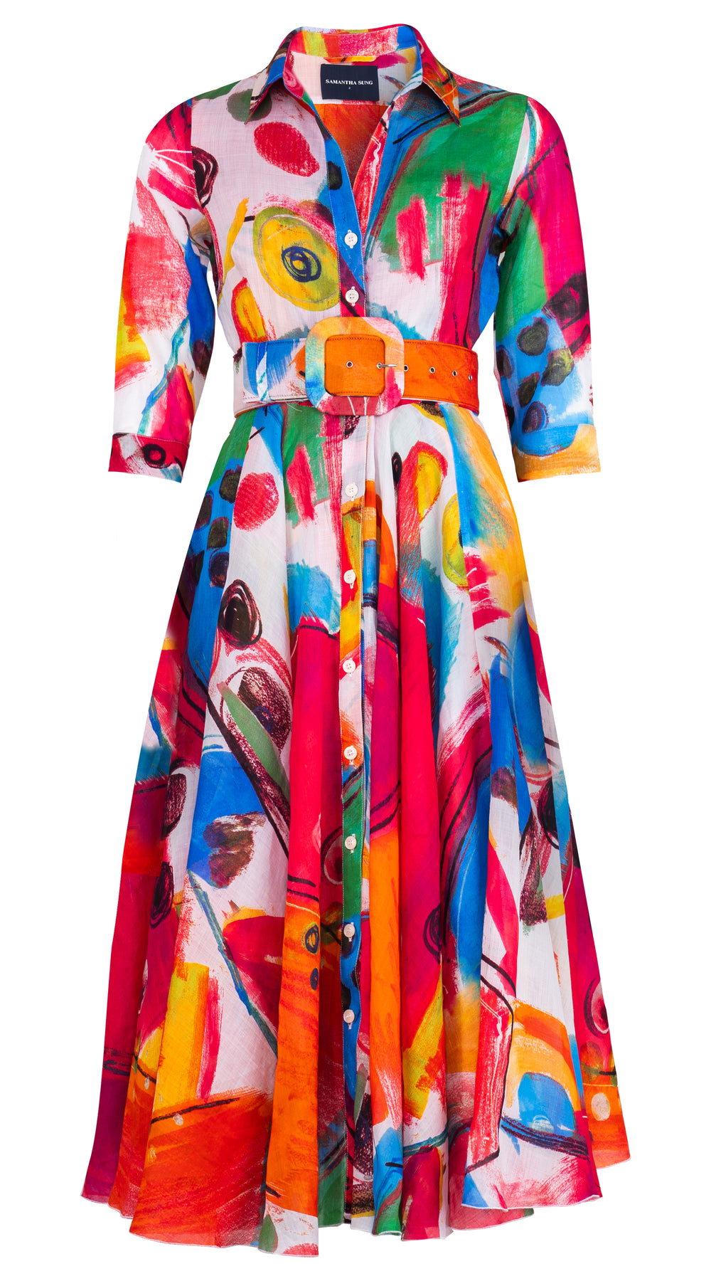 Aster Dress Shirt Collar 3/4 Sleeve Midi Length Ramie (Bastera Painting)