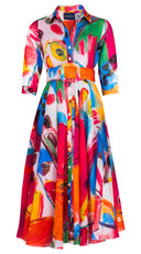 Aster Dress Shirt Collar 3/4 Sleeve Midi Length Ramie (Bastera Painting)