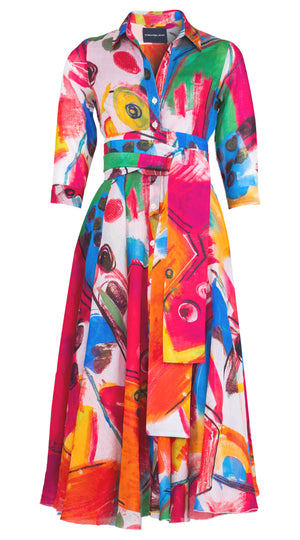 Aster Dress Shirt Collar 3/4 Sleeve Midi Length Ramie (Bastera Painting)