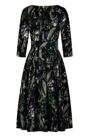 Florance Dress Boat Neck 3/4 Sleeve Midi Length Cotton Stretch (Belvedere Peacock)