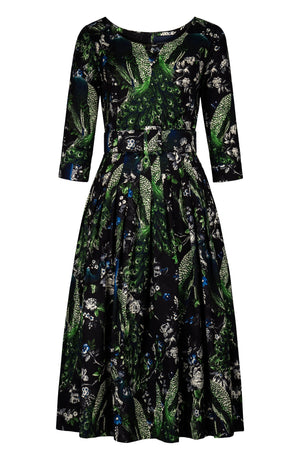 Florance Dress Boat Neck 3/4 Sleeve Midi Length Cotton Stretch (Belvedere Peacock)