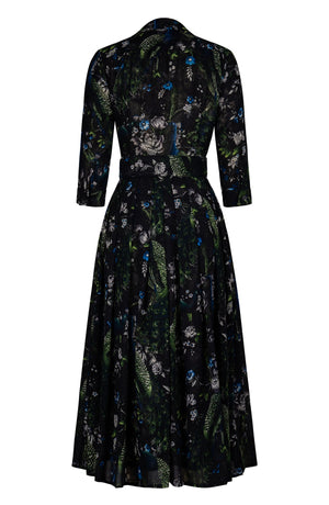 Audrey Dress #4 Shirt Collar 3/4 Sleeve Midi Plus Length Wool (Belvedere Peacock) - Black