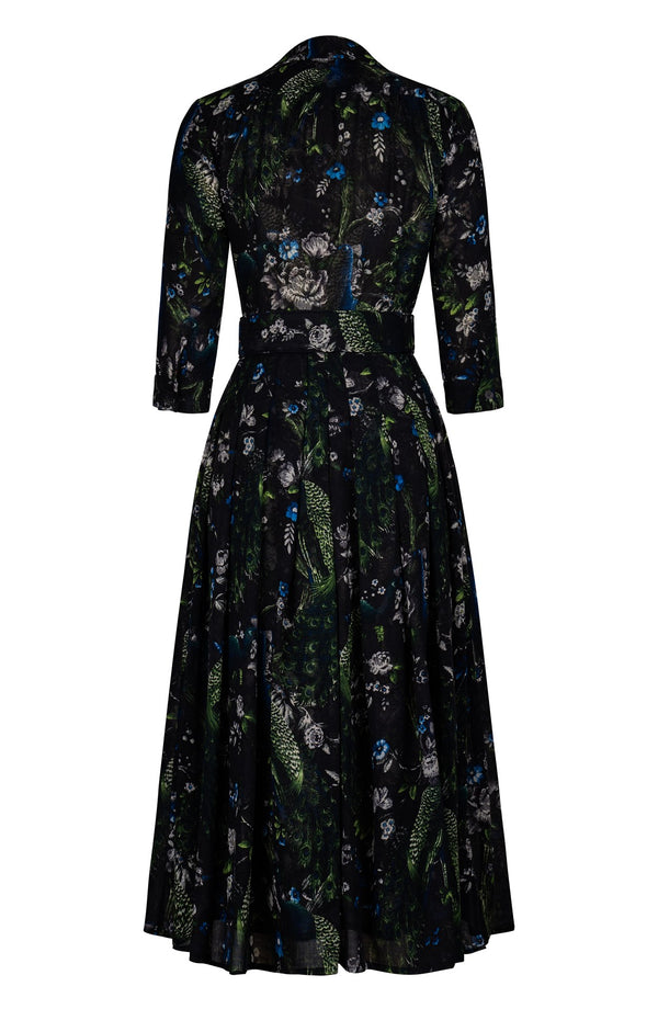 Audrey Dress #4 Shirt Collar 3/4 Sleeve Midi Plus Length Wool (Belvedere Peacock) - Black