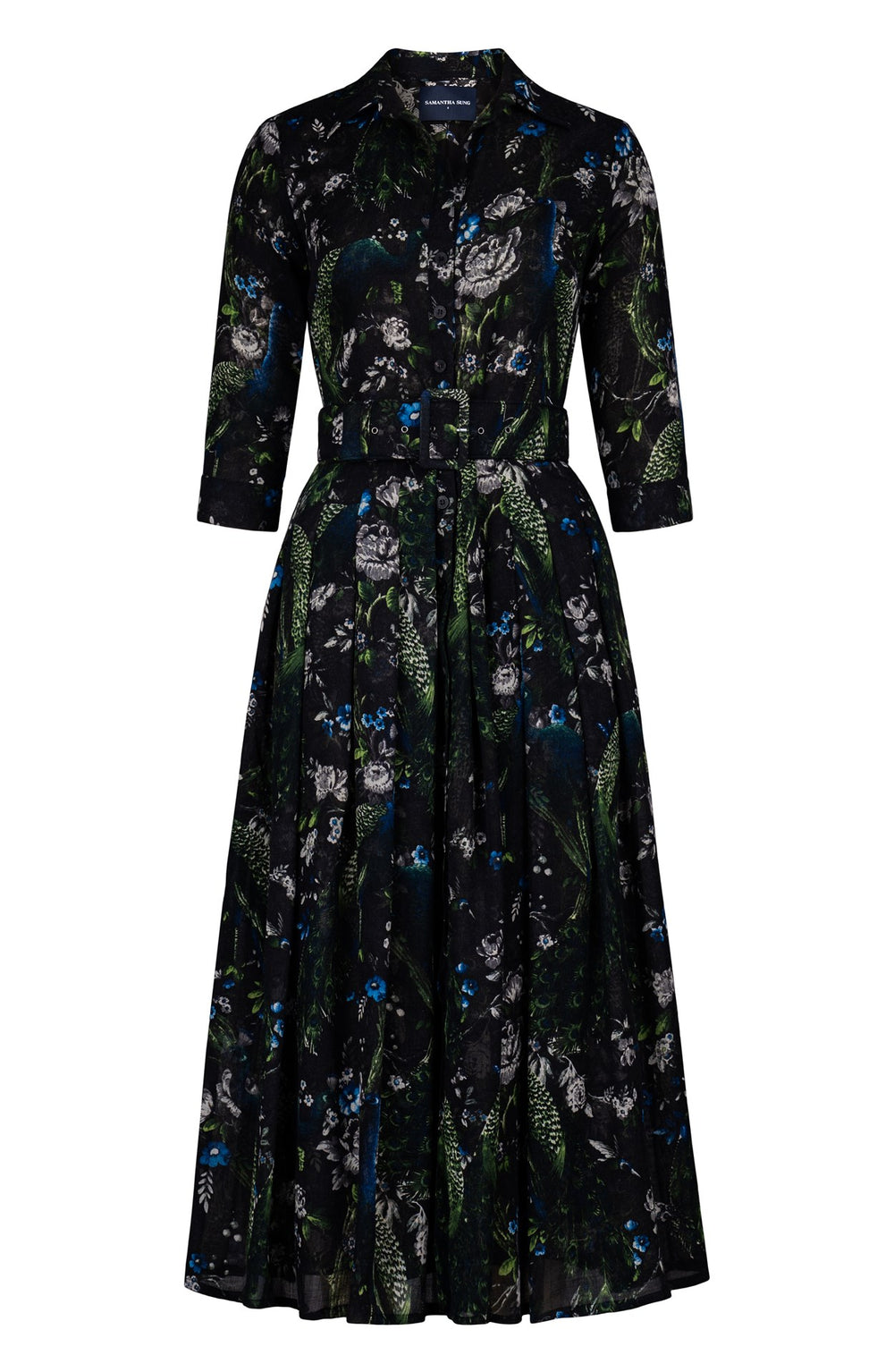 Audrey Dress #4 Shirt Collar 3/4 Sleeve Midi Plus Length Wool (Belvedere Peacock) - Black