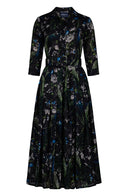 Audrey Dress #4 Shirt Collar 3/4 Sleeve Midi Plus Length Wool (Belvedere Peacock) - Black