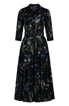 Audrey Dress #4 Shirt Collar 3/4 Sleeve Midi Plus Length Wool (Belvedere Peacock) - Black