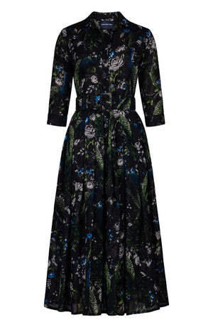 Audrey Dress #4 Shirt Collar 3/4 Sleeve Midi Plus Length Wool (Belvedere Peacock) - Black