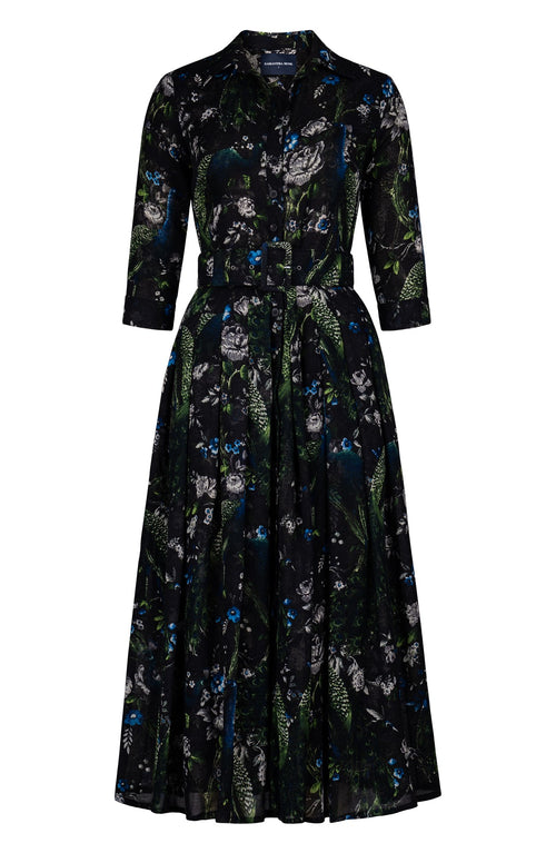 Audrey Dress #4 Shirt Collar 3/4 Sleeve Midi Plus Length Wool (Belvedere Peacock) - Black