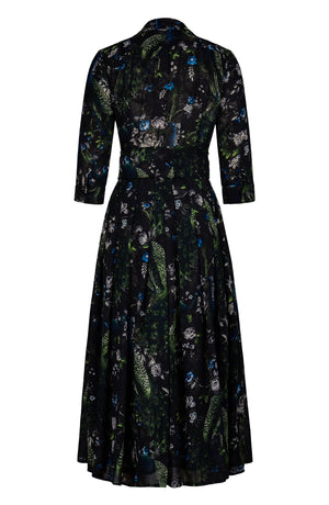 Audrey Dress #4 Shirt Collar 3/4 Sleeve Midi Plus Length Wool (Belvedere Peacock) - Black