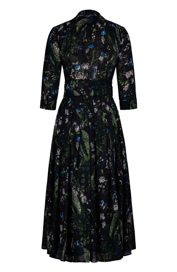 Audrey Dress #4 Shirt Collar 3/4 Sleeve Midi Plus Length Wool (Belvedere Peacock) - Black