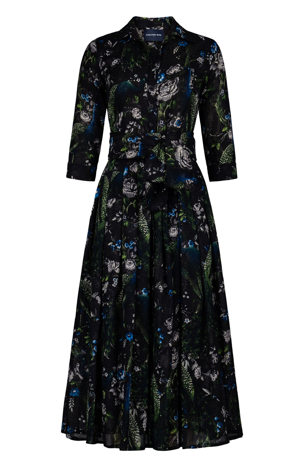Audrey Dress #4 Shirt Collar 3/4 Sleeve Midi Plus Length Wool (Belvedere Peacock) - Black