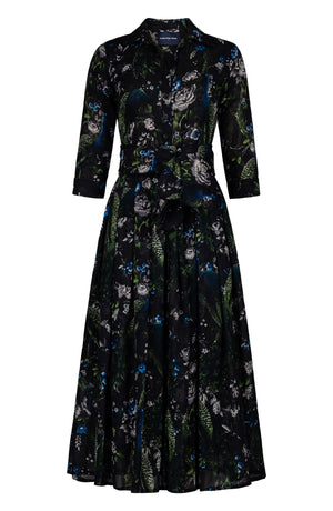 Audrey Dress #4 Shirt Collar 3/4 Sleeve Midi Plus Length Wool (Belvedere Peacock) - Black
