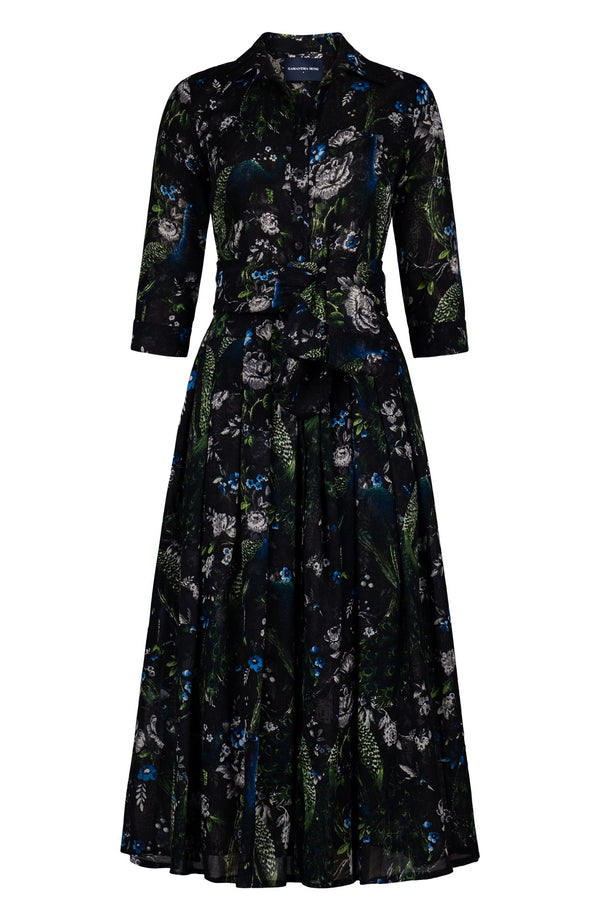 Audrey Dress #4 Shirt Collar 3/4 Sleeve Midi Plus Length Wool (Belvedere Peacock) - Black