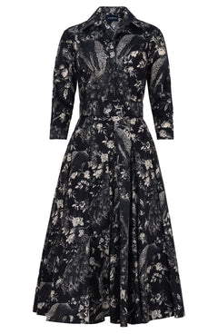 Samantha Dress Shirt Collar 3/4 Sleeve Midi Length Poliamide Taffta (Belvedere Peacock)