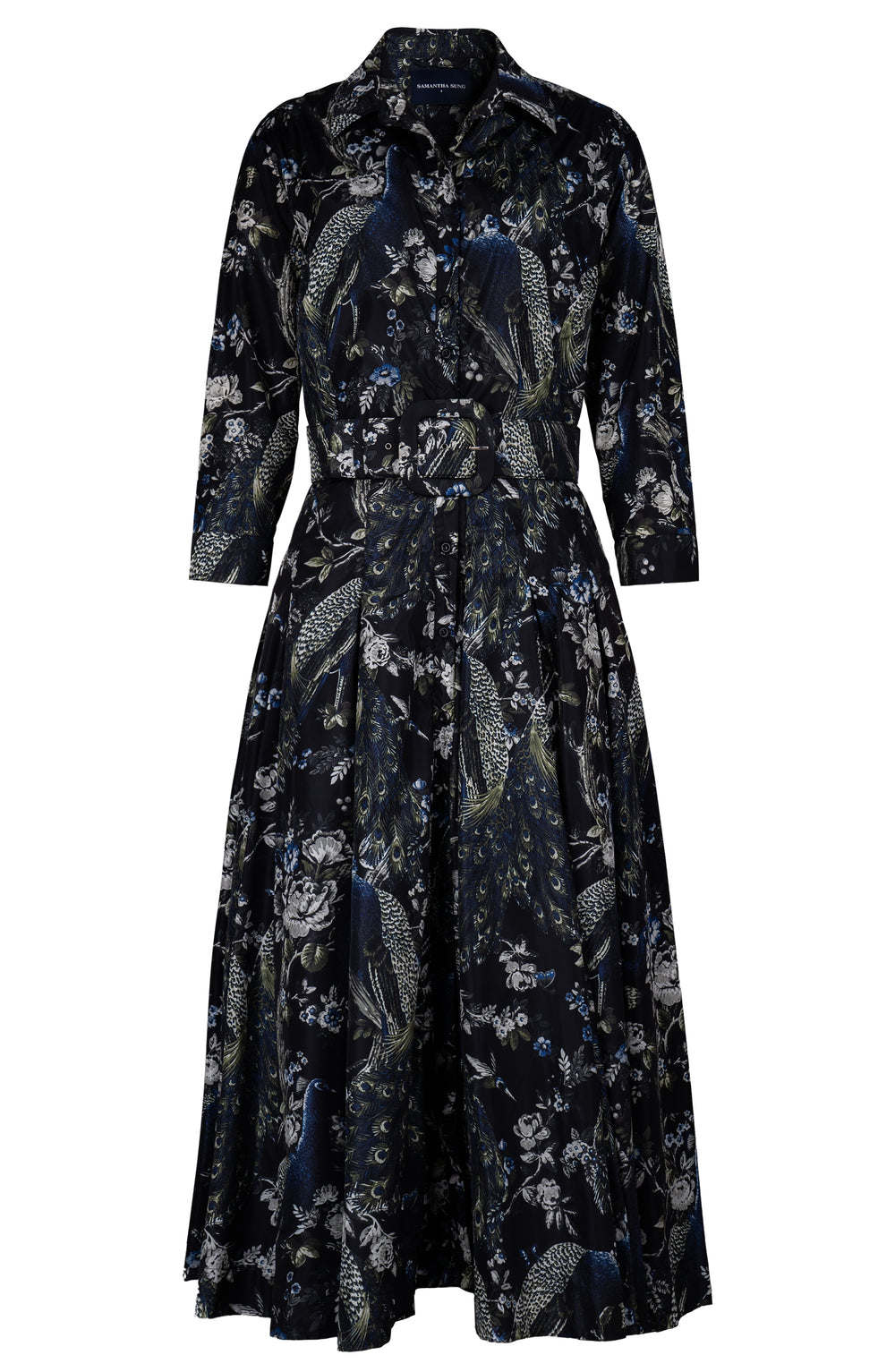 Samantha Dress Shirt Collar 3/4 Sleeve Midi Length Poliamide Taffta (Belvedere Peacock)