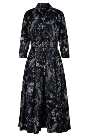 Samantha Dress Shirt Collar 3/4 Sleeve Midi Length Poliamide Taffta (Belvedere Peacock)