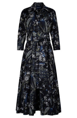 Samantha Dress Shirt Collar 3/4 Sleeve Midi Length Poliamide Taffta (Belvedere Peacock)