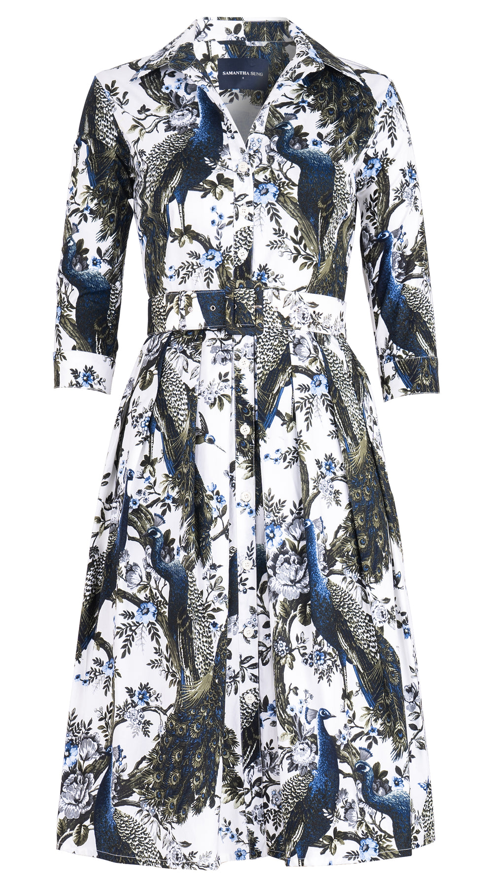 Audrey Dress #1 Shirt Collar 3/4 Sleeve Long Length Cotton Stretch (Belvedere Peacock)