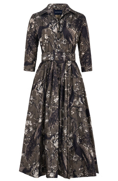 Terry Dress Shirt Collar 3/4 Sleeve Midi Plus Length Poliamide Taffta (Belvedere Peacock)