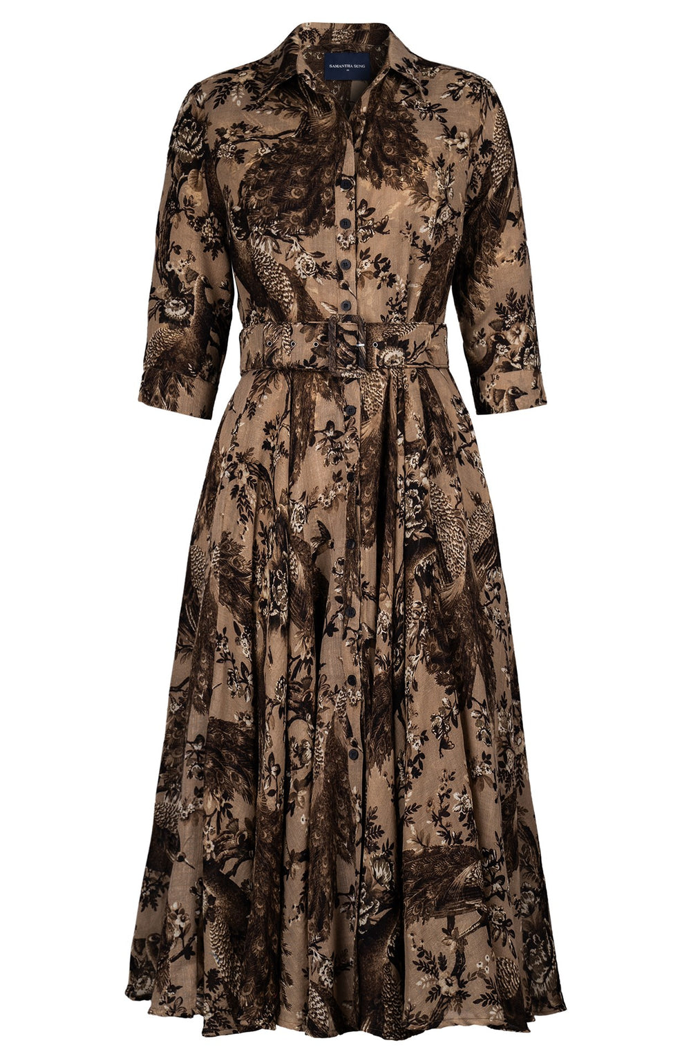 Aster Dress Shirt Collar 3/4 Sleeve Midi Length Wool (Belvedere Peacock) - Khaki