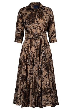 Aster Dress Shirt Collar 3/4 Sleeve Midi Length Wool (Belvedere Peacock) - Khaki