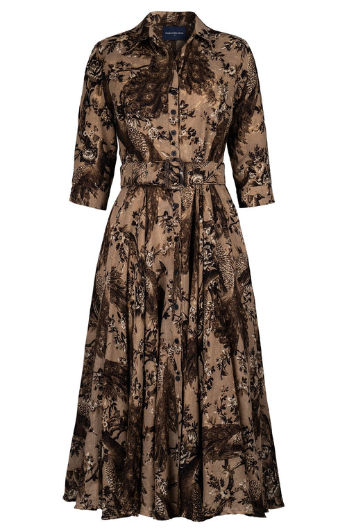 Aster Dress Shirt Collar 3/4 Sleeve Midi Length Wool (Belvedere Peacock) - Khaki