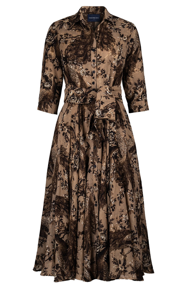 Aster Dress Shirt Collar 3/4 Sleeve Midi Length Wool (Belvedere Peacock) - Khaki