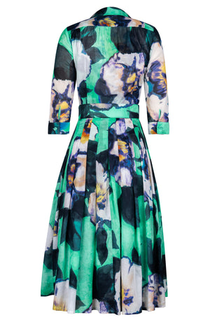 Audrey Dress #4 Shirt Collar 3/4 Sleeve Midi Length Cotton Musola (Black Magnolia)