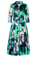 Audrey Dress #4 Shirt Collar 3/4 Sleeve Midi Length Cotton Musola (Black Magnolia)