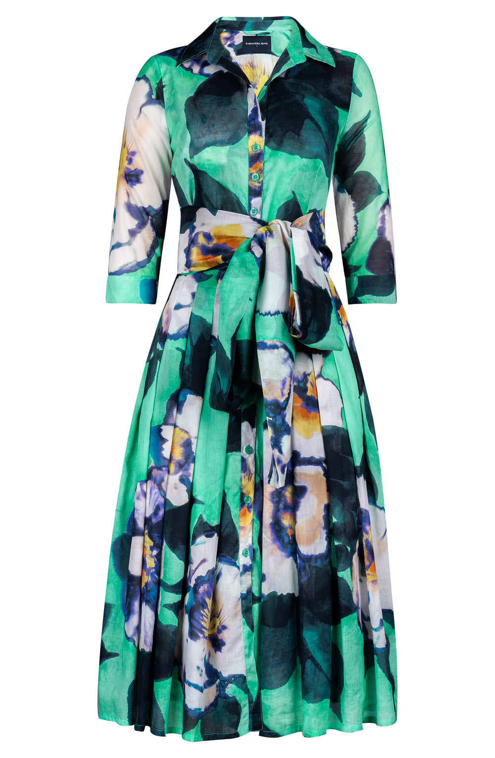 Audrey Dress #4 Shirt Collar 3/4 Sleeve Midi Length Cotton Muola (Black Magnolia)