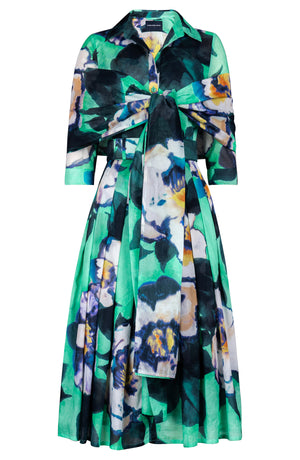 Audrey Dress #4 Shirt Collar 3/4 Sleeve Midi Length Cotton Musola (Black Magnolia)