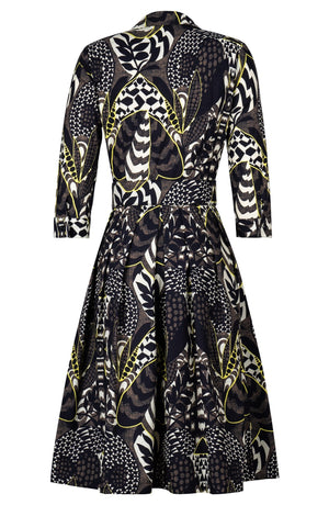 Audrey Dress #1 Shirt Collar 3/4 Sleeve Long Length Cotton Stretch (Block Print Jungle)