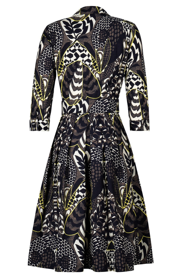 Audrey Dress #1 Shirt Collar 3/4 Sleeve Long Length Cotton Stretch (Block Print Jungle)