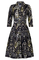 Audrey Dress #1 Shirt Collar 3/4 Sleeve Long Length Cotton Stretch (Block Print Jungle)